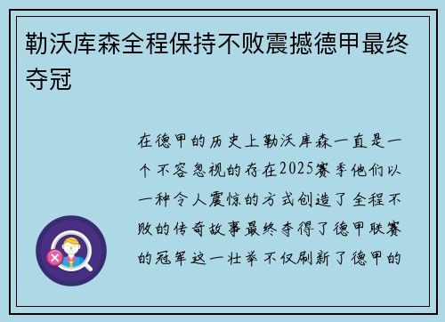 勒沃库森全程保持不败震撼德甲最终夺冠