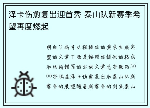 泽卡伤愈复出迎首秀 泰山队新赛季希望再度燃起