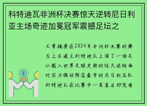 科特迪瓦非洲杯决赛惊天逆转尼日利亚主场奇迹加冕冠军震撼足坛之